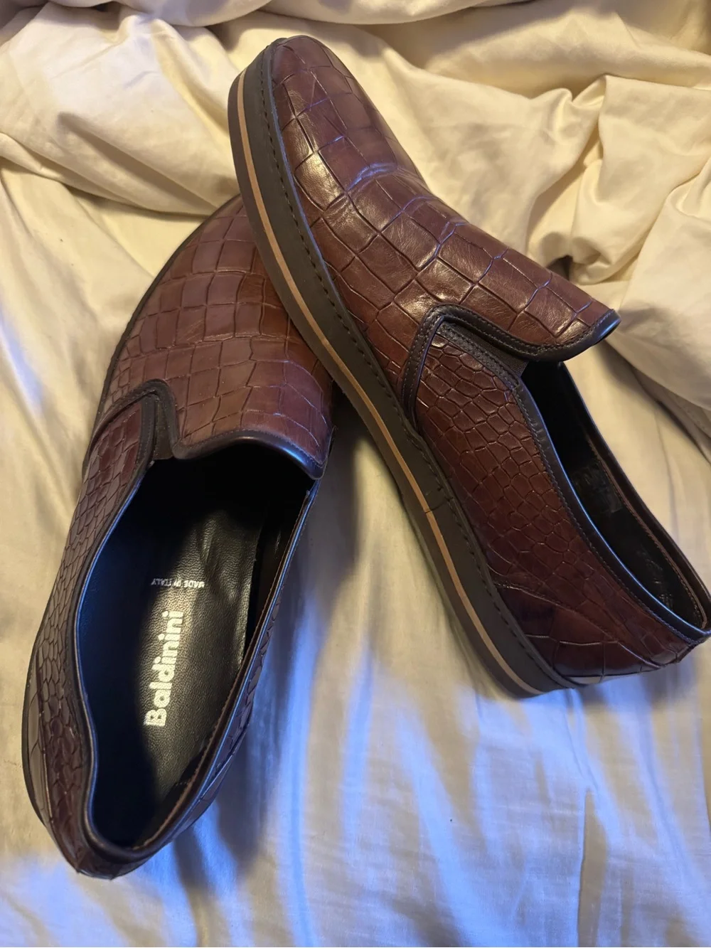 BALDININI Italy Men’s 43 Brown Croc Embossed Leather Luxury Slip On Sneakers